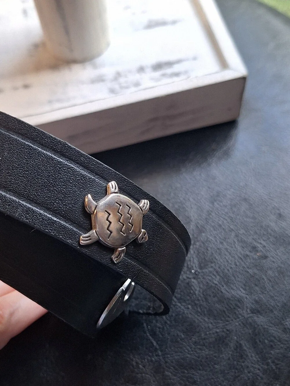 Ladies English Bridle Black Leather Belt Silver Turtle Steer Gecko, Boho Large